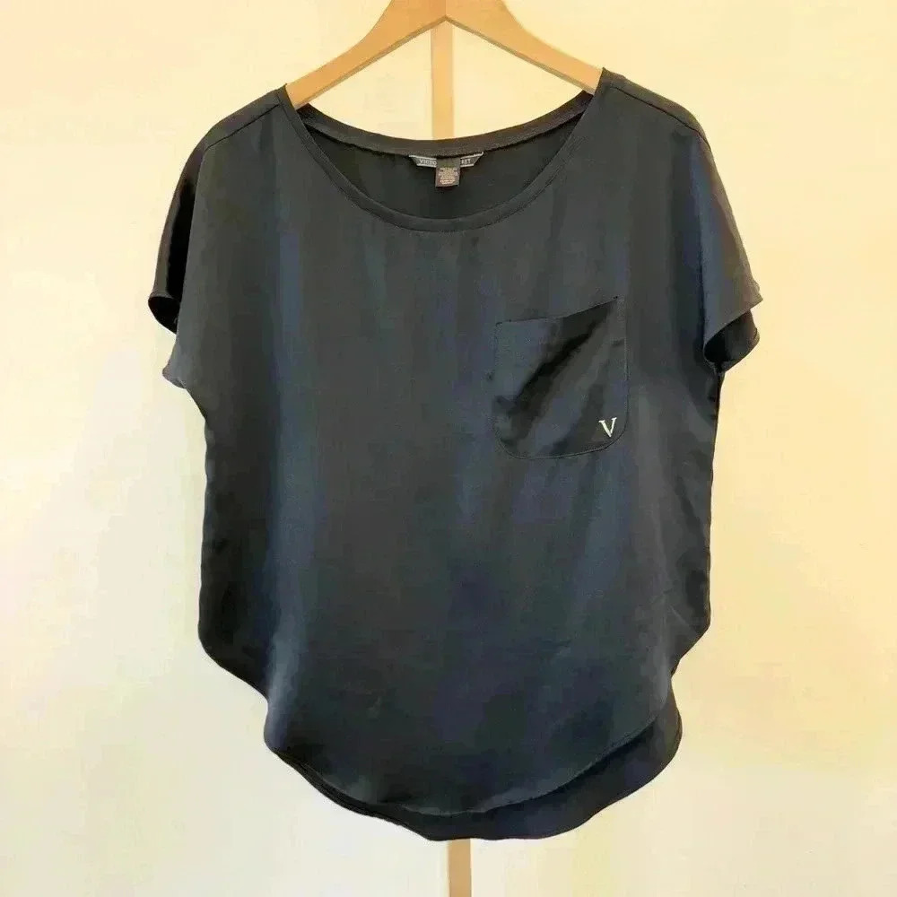 Victoria's Secret Women's XS Black Short Sleeve Scoop Neck Satin Sleep Shirt